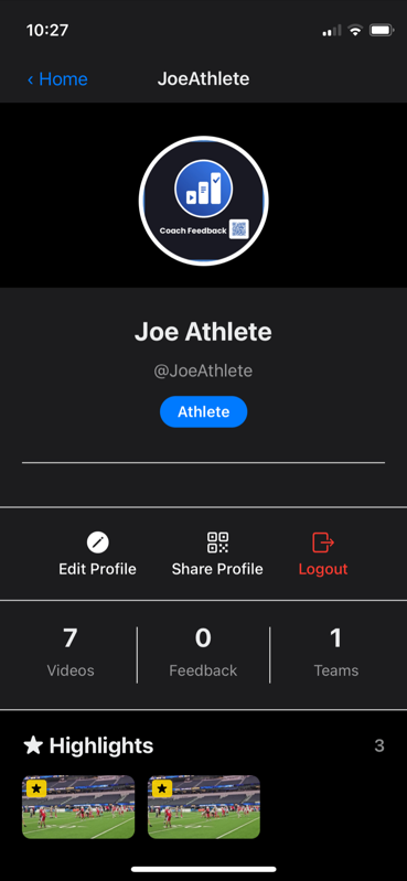 Athlete public profile with highlights