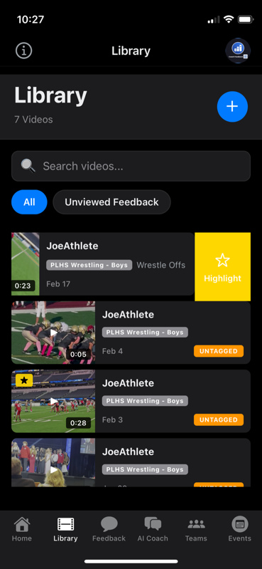 Swipe left on a video to see highlight option